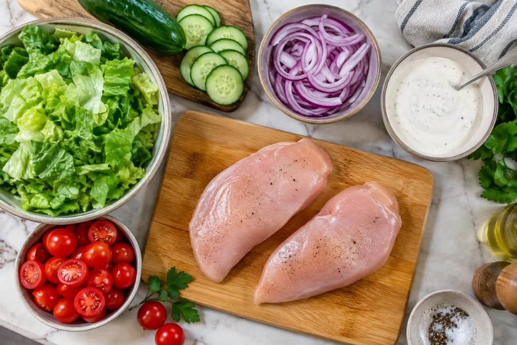 raw chicken breasts, chopped lettuce, tomatoes, cucumber, red onion and ranch dressing arranged for ranch chicken salad