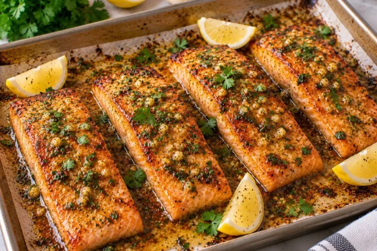 Four baked honey garlic salmon fillets on a sheet pan with a sticky glaze, parsley and lemon wedges