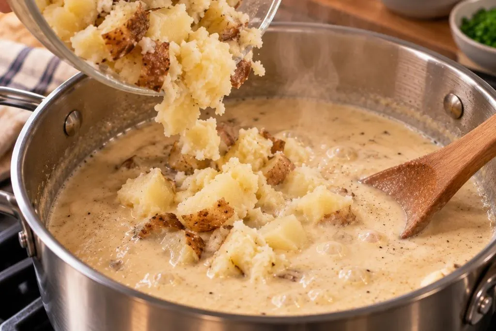 Adding baked potato flesh to the creamy soup base