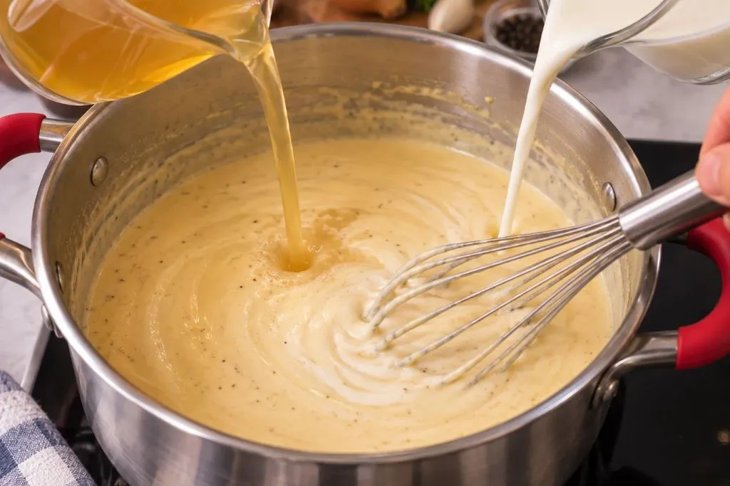 Whisking broth and cream into the roux for broccoli cheddar soup