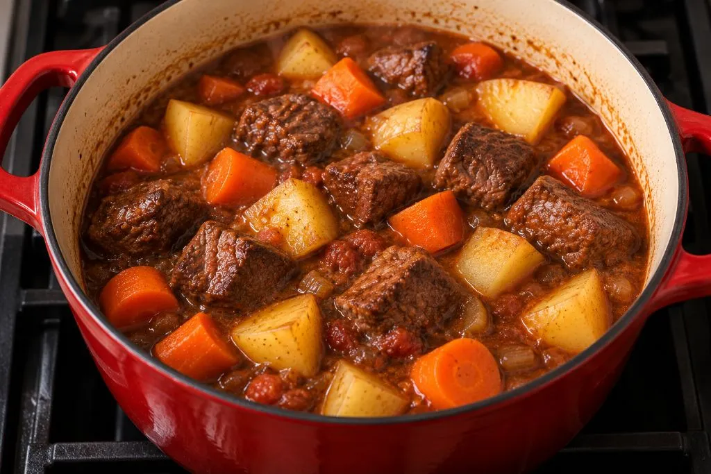 Adding potatoes and carrots to simmering beef stew
