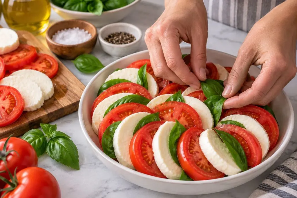 Arranging tomato, mozzarella and basil slices in a circular pattern for caprese salad