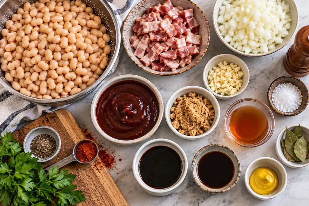 Navy beans, chopped bacon, diced onion and BBQ sauce ingredients laid out for baked beans recipe