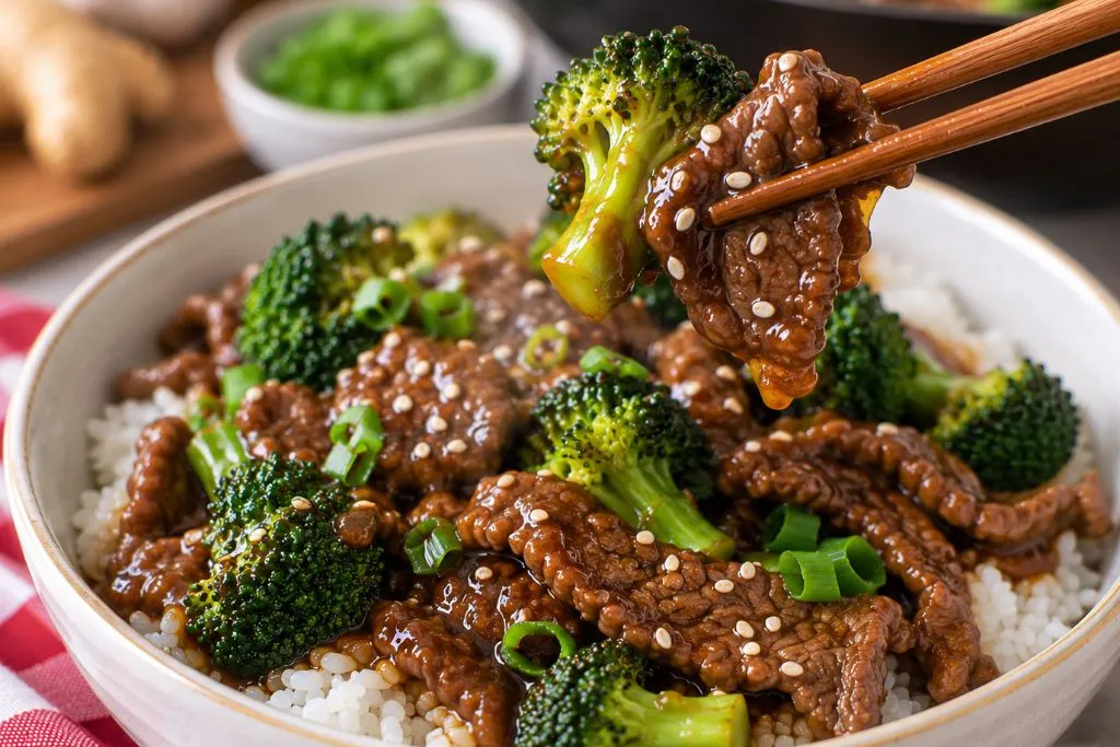Chopsticks lifting a bite of beef and broccoli in glossy sauce from a bowl of rice