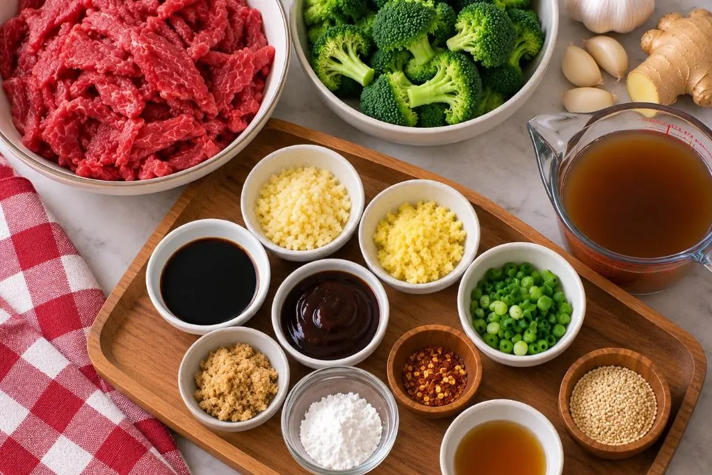 Sliced beef, broccoli florets, garlic, ginger, soy sauce, oyster sauce, cornstarch and beef broth measured out for beef and broccoli stir-fry