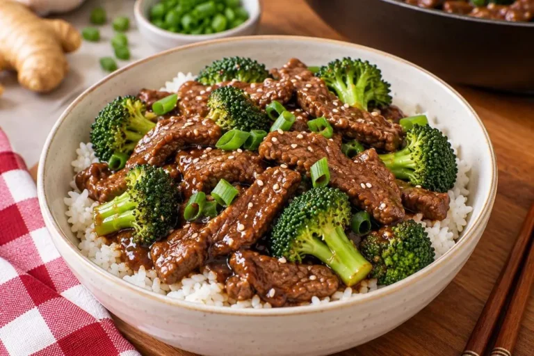 Finished beef and broccoli stir-fry served over white rice in a bowl, garnished with green onions and sesame seeds