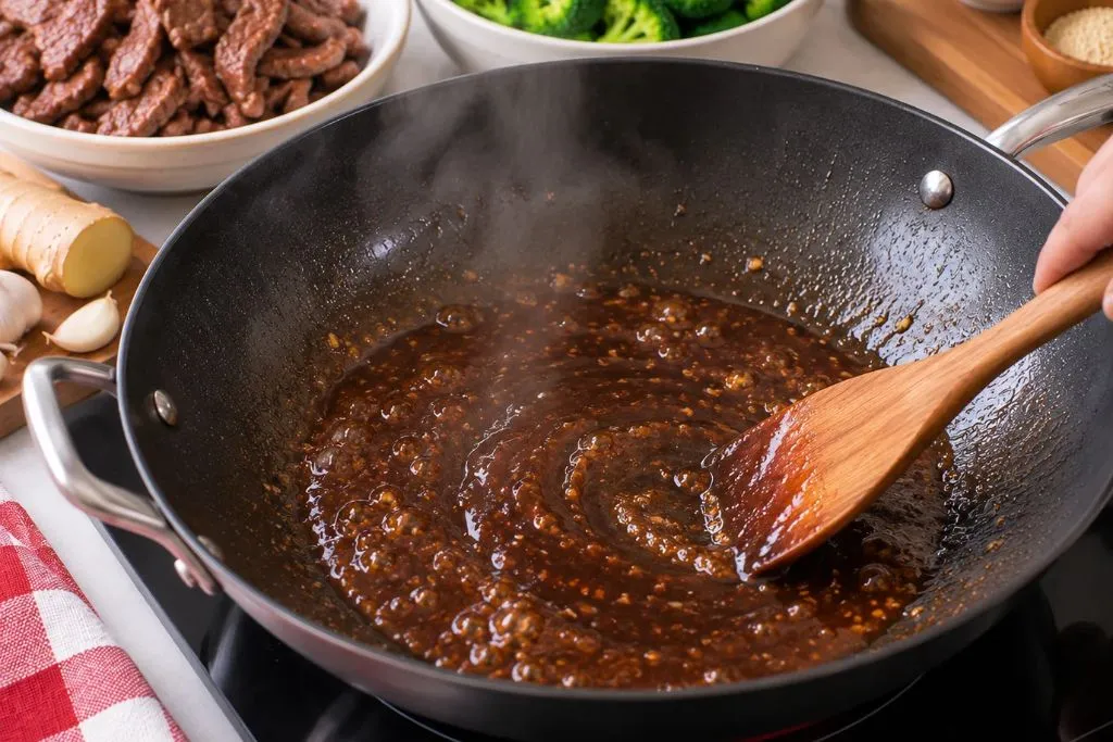 Beef and broccoli stir-fry sauce thickening in a wok with a wooden spoon