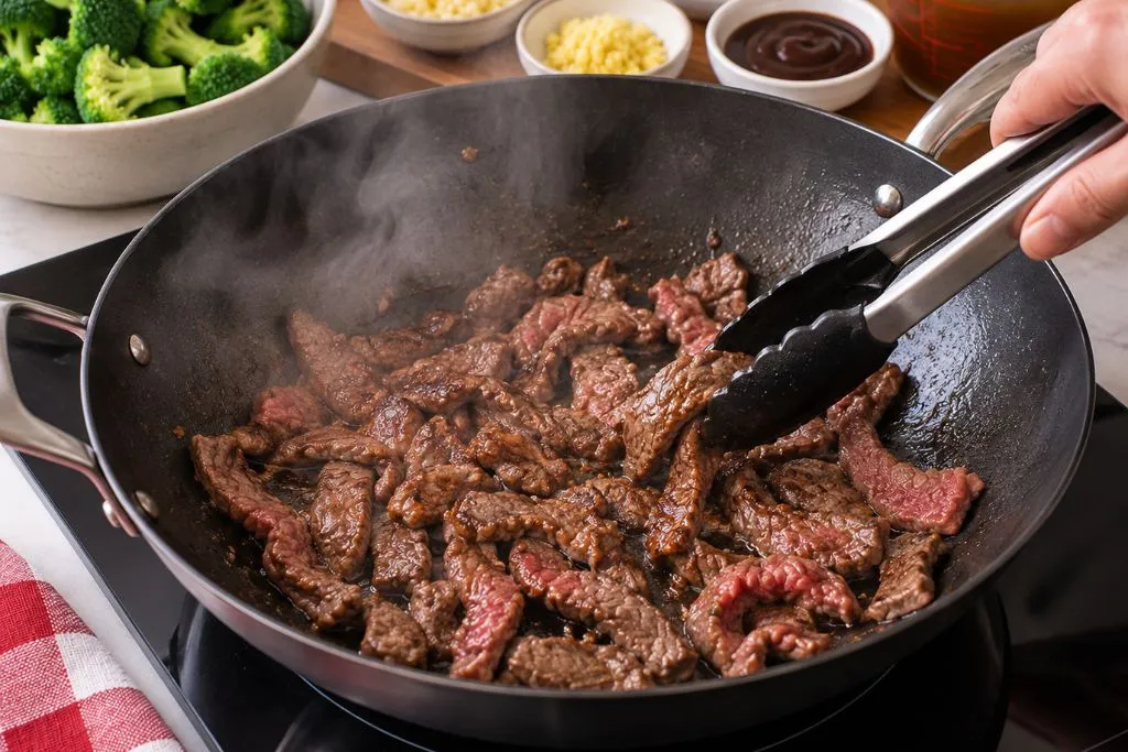 Thinly sliced beef searing and browning in a hot wok with tongs
