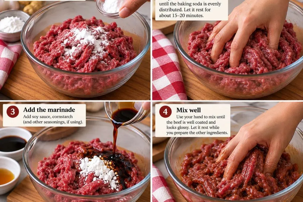 Step-by-step collage showing beef tossed with baking soda, then mixed with soy sauce and cornstarch marinade until glossy