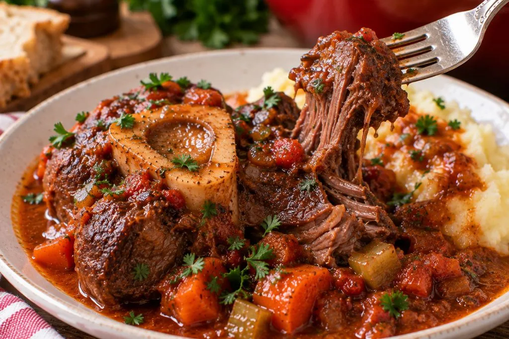 Fork pulling tender braised beef shank meat off the bone, served with mashed potatoes