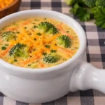 Creamy broccoli cheddar soup in a white bowl topped with shredded cheddar