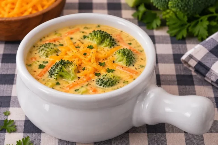 Creamy broccoli cheddar soup in a white bowl topped with shredded cheddar