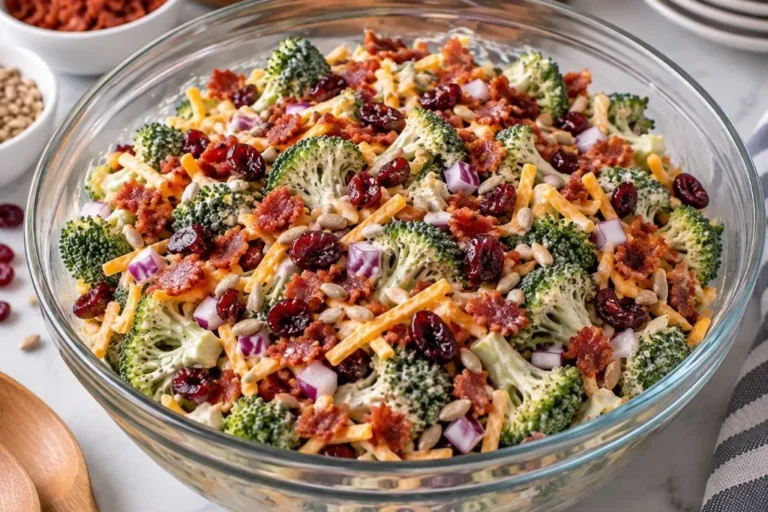 Bowl of broccoli salad with bacon, cheddar, sunflower seeds and dried cranberries in a creamy dressing