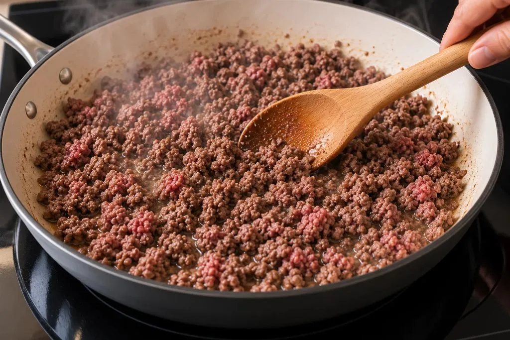 Ground beef browning in a skillet with a wooden spoon for slow cooker chili