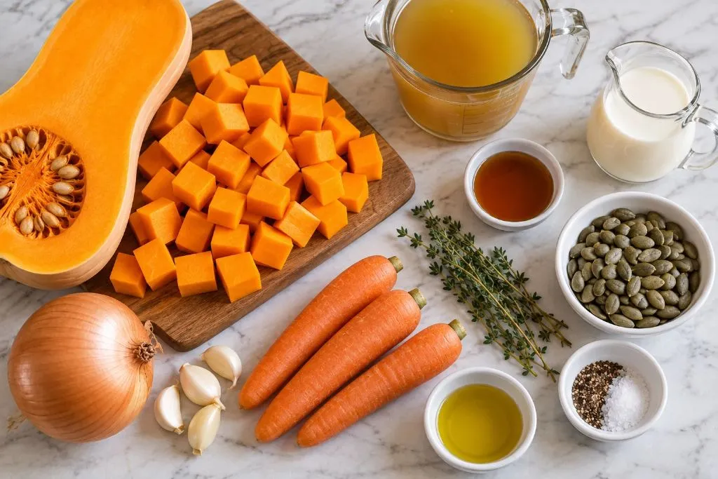 Ingredients for butternut squash soup laid out including cubed butternut squash, carrots, onion, garlic, thyme, vegetable broth, maple syrup and pepitas