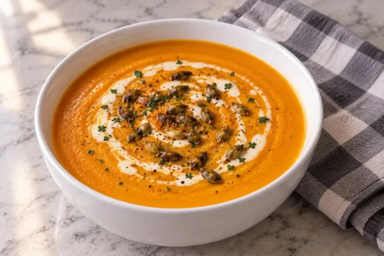 Bowl of butternut squash soup topped with a swirl of cream and toasted pepitas