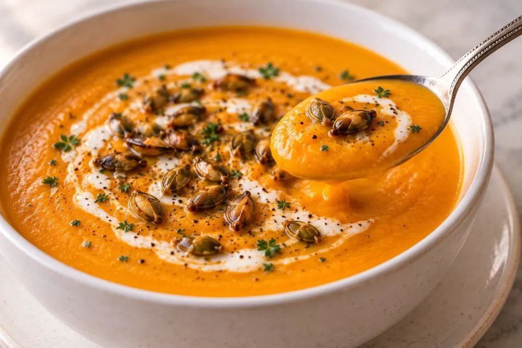 Spoon lifting a bite of butternut squash soup topped with toasted pepitas