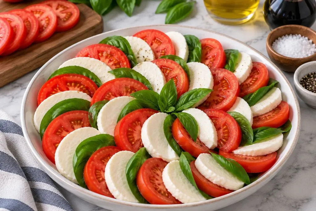 Caprese salad fully arranged on a plate before adding olive oil and balsamic glaze