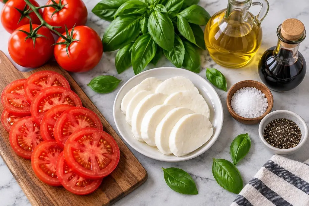Ingredients for caprese salad including tomatoes, fresh mozzarella, basil, olive oil, balsamic glaze, salt and pepper