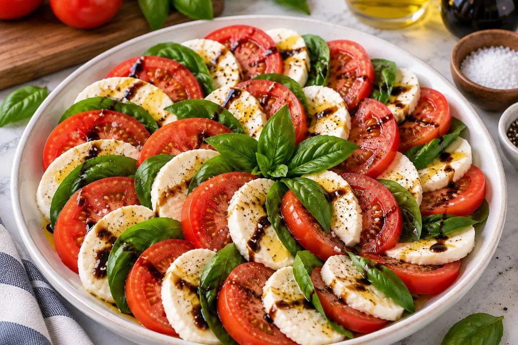 Finished caprese salad drizzled with olive oil and balsamic glaze, garnished with fresh basil