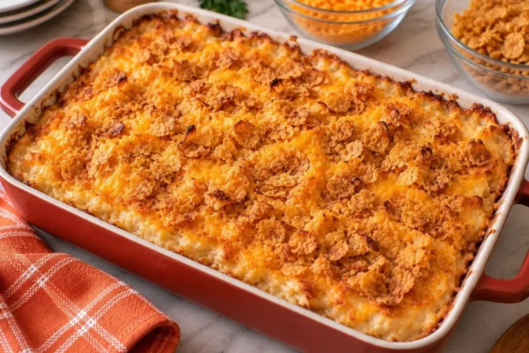 Baked cheesy hash brown casserole with a golden cornflake topping in a red baking dish
