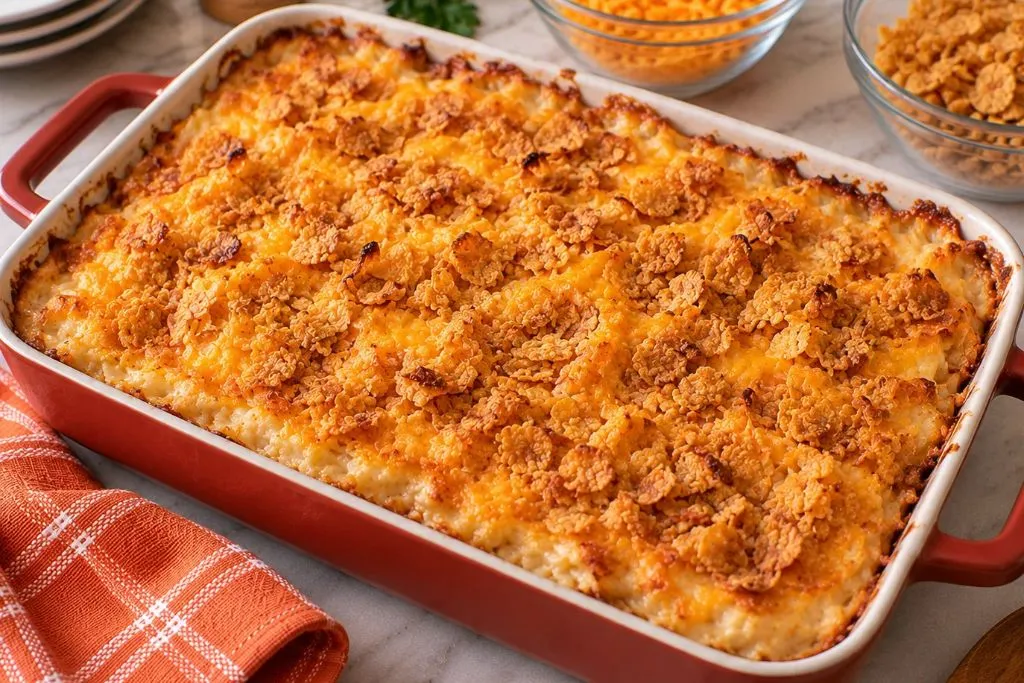 Baked cheesy hash brown casserole with a golden cornflake topping in a red baking dish