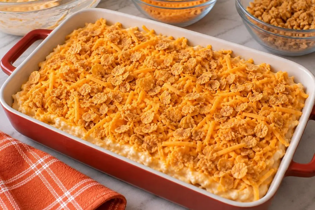 Cheesy hash brown casserole topped with buttered cornflakes and cheddar, ready to bake