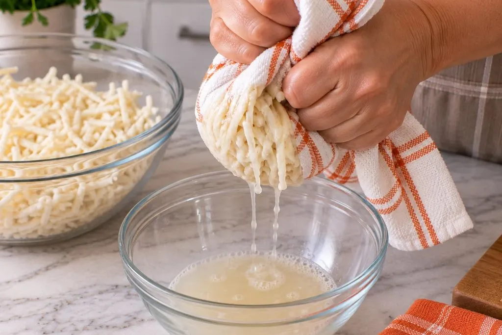 Pressing thawed shredded hash browns in a clean towel to remove excess moisture