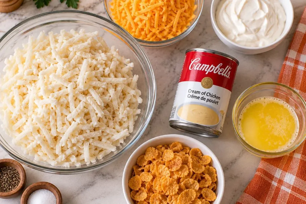 Shredded hash browns, cheddar cheese, sour cream, condensed soup, butter and cornflakes measured out for hash brown casserole
