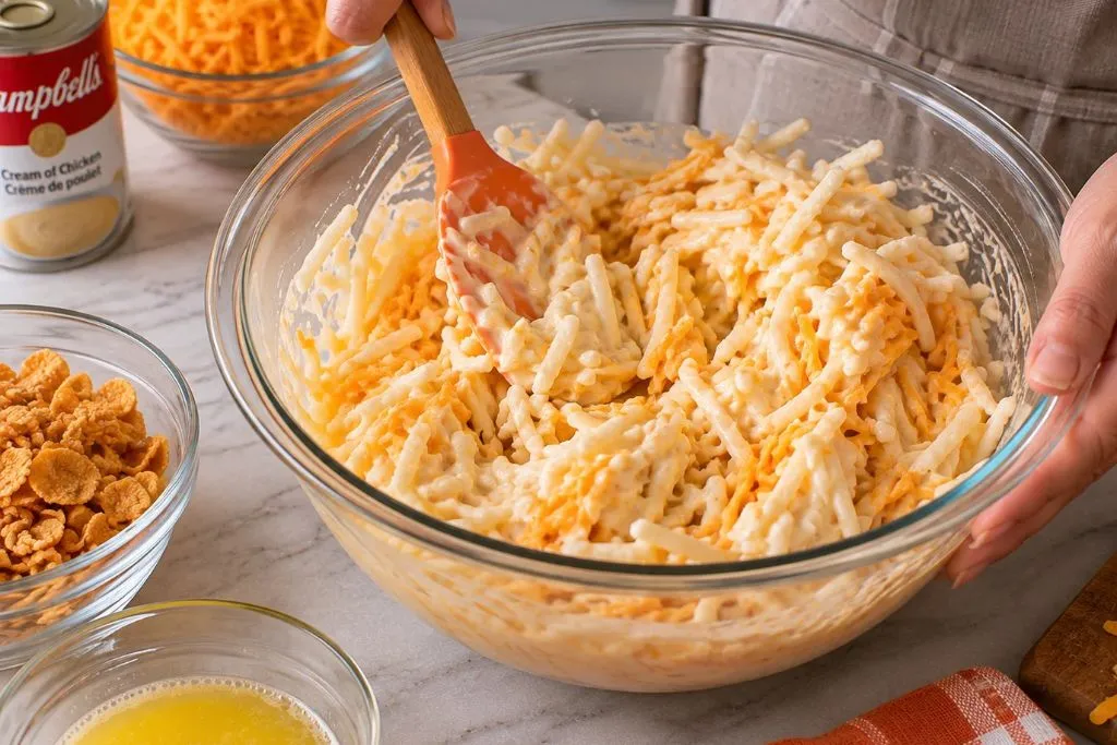 Stirring shredded hash browns and cheddar cheese into a creamy sauce in a glass bowl