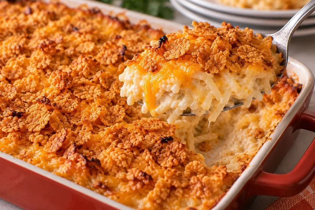 Spoon lifting a cheesy scoop of hash brown casserole from a baking dish