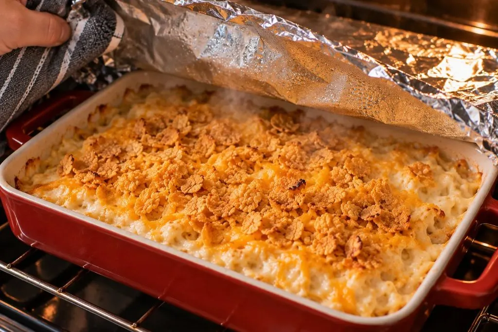Removing foil from a partially baked cheesy hash brown casserole to let the top brown