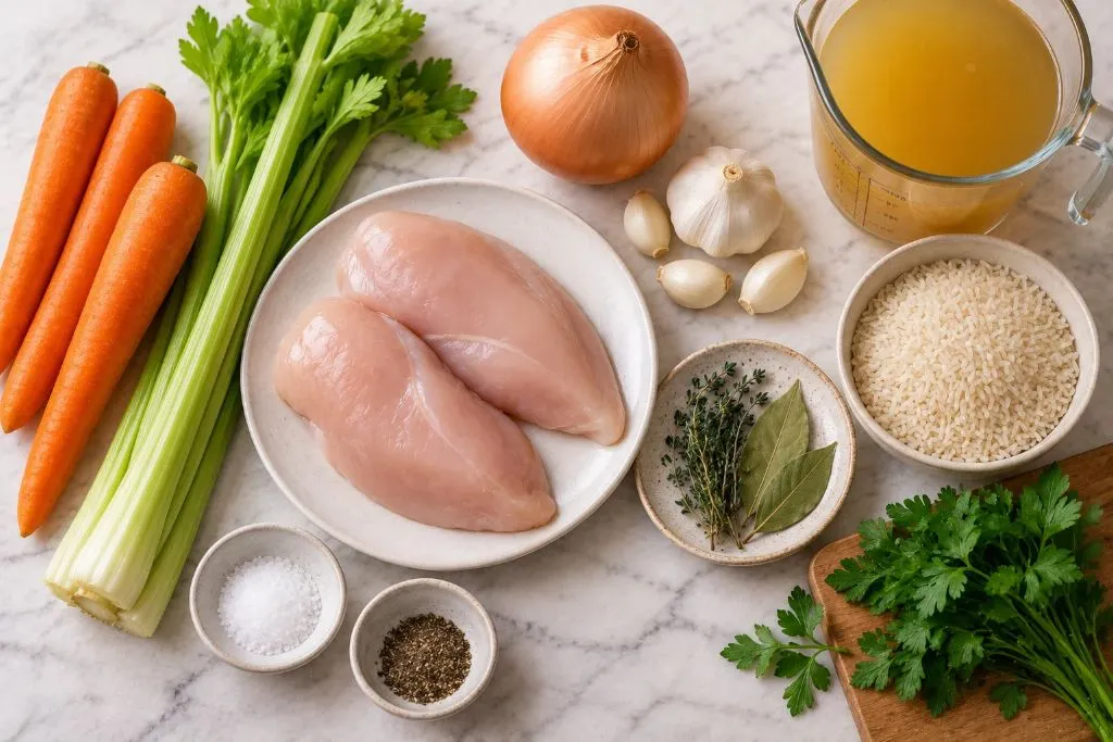 Ingredients for chicken and rice soup laid out including raw chicken breasts, carrots, celery, onion, garlic, rice, chicken broth, bay leaves and parsley