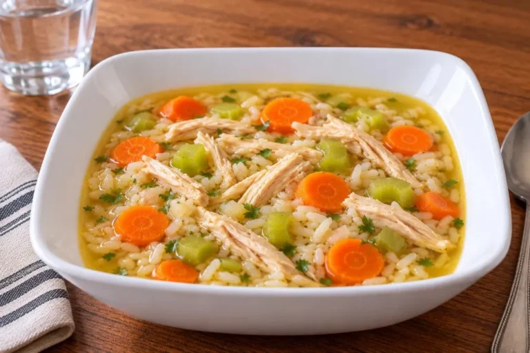 Bowl of chicken and rice soup with shredded chicken, carrots, celery and rice, topped with parsley