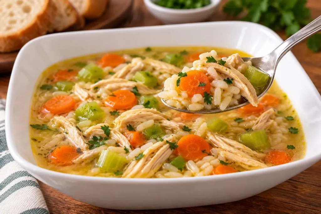 Spoon lifting a bite of chicken and rice soup showing shredded chicken and rice