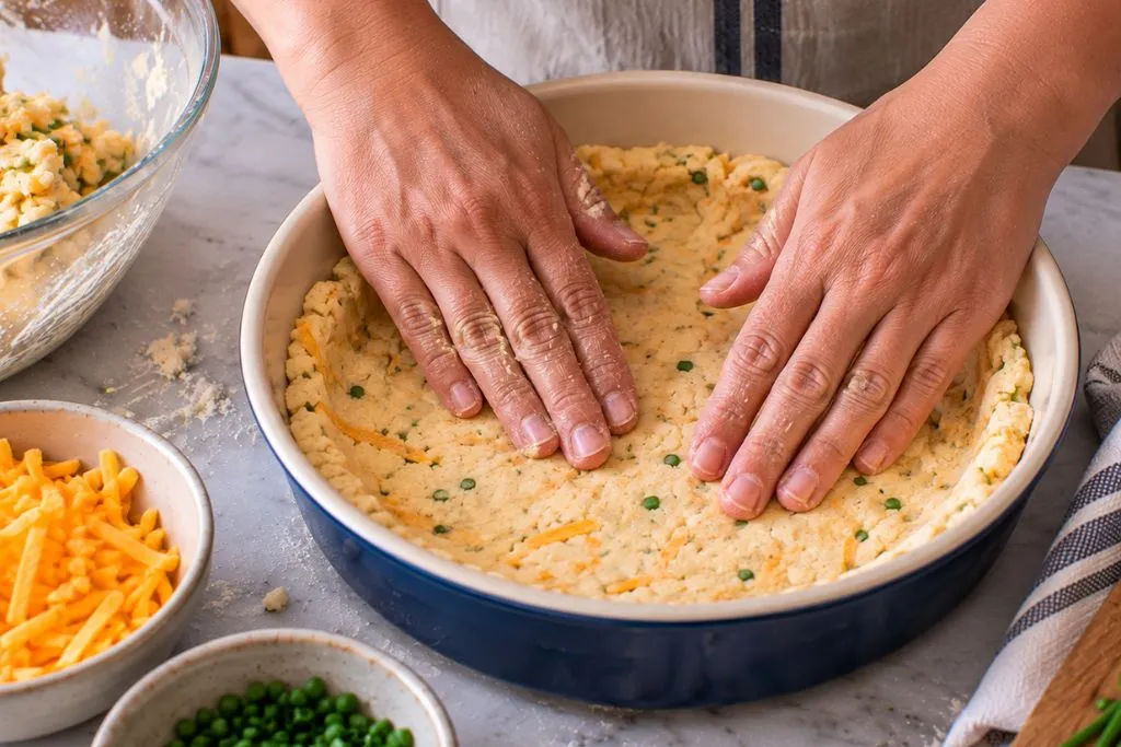 Biscuit dough pressed into the bottom of a round baking dish for chicken cobbler