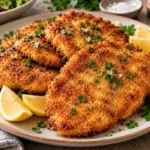 Crispy breaded chicken cutlets served with lemon wedges and fresh parsley