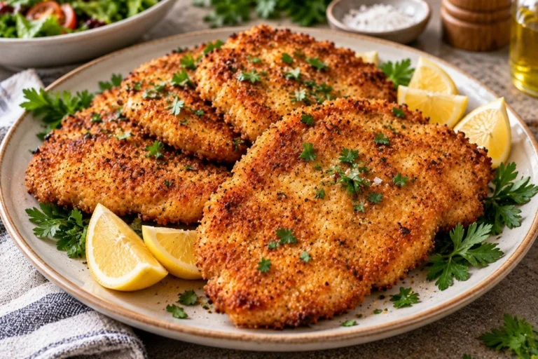 Crispy breaded chicken cutlets served with lemon wedges and fresh parsley