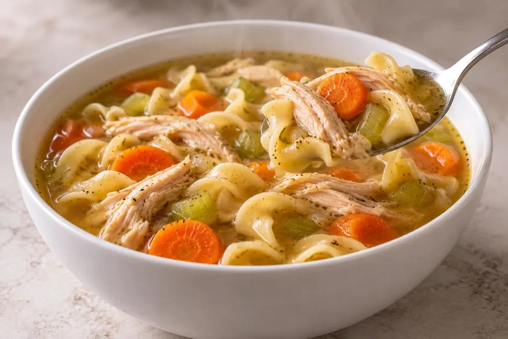 Spoon lifting a bite of chicken noodle soup with egg noodles, chicken and carrots from a steaming bowl