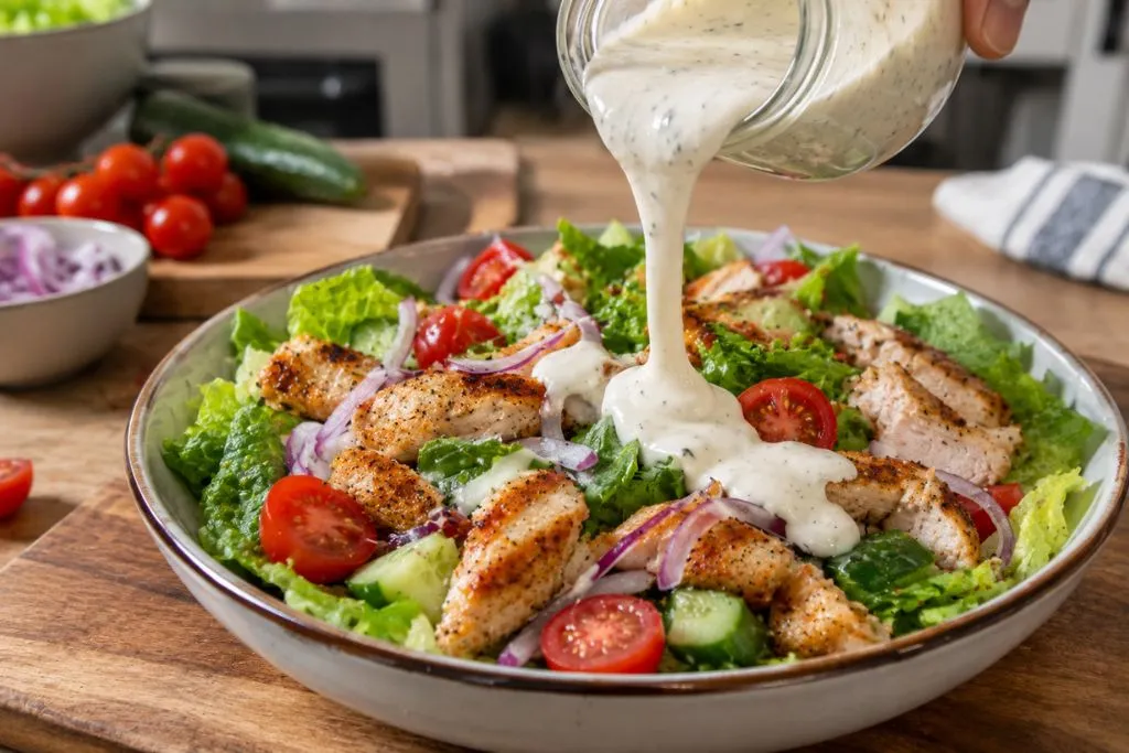 ranch dressing being poured over a bowl of ranch chicken salad with tomatoes and cucumber