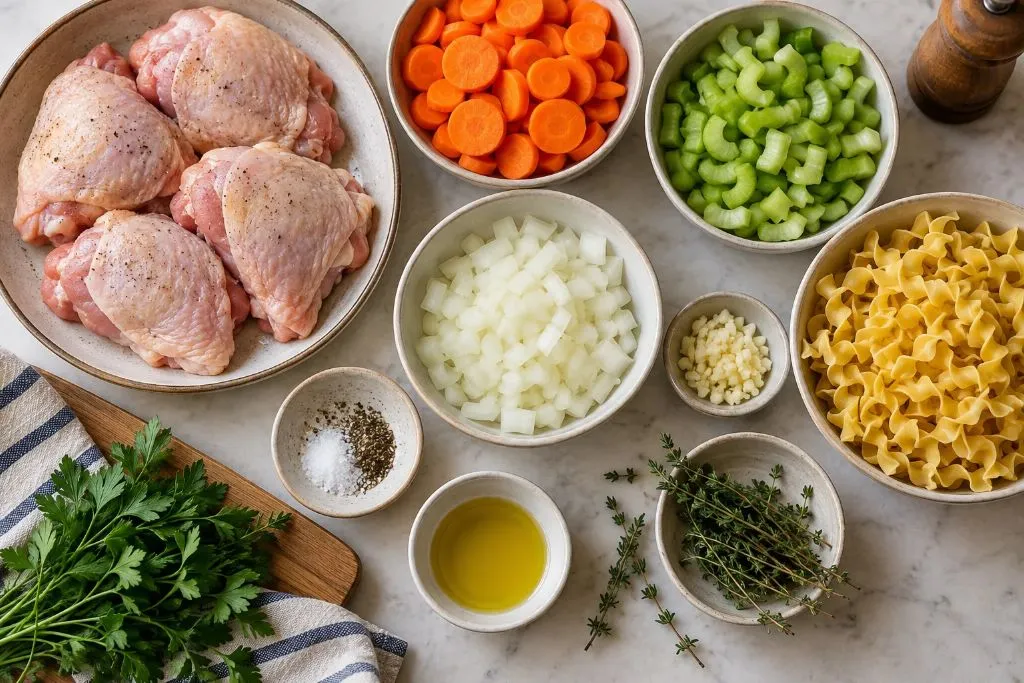 Raw ingredients for classic chicken noodle soup laid out on a counter: chicken thighs, carrots, celery, onion, garlic, egg noodles, olive oil, thyme and parsley