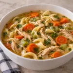 Bowl of classic chicken noodle soup with shredded chicken, carrots, celery and wide egg noodles in broth, topped with fresh parsley