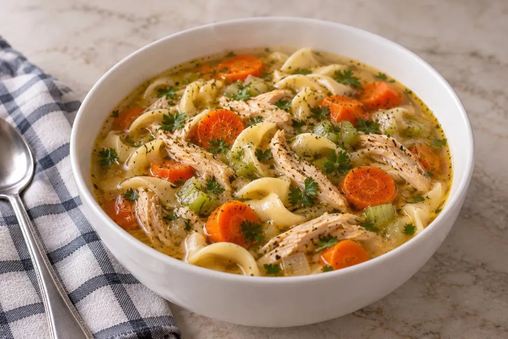 Bowl of classic chicken noodle soup with shredded chicken, carrots, celery and wide egg noodles in broth, topped with fresh parsley