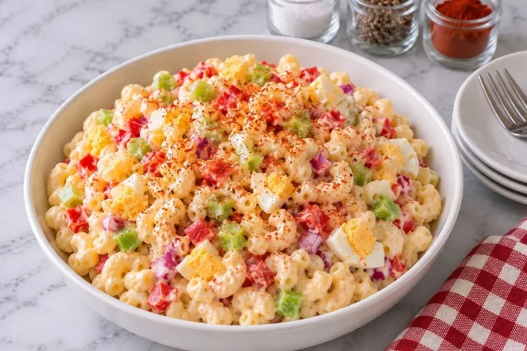 Finished macaroni salad in a serving bowl sprinkled with paprika