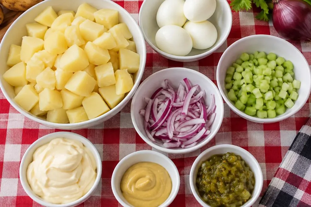 Raw ingredients for classic potato salad in bowls: cubed potatoes, hard boiled eggs, sliced red onion, diced celery, mayonnaise, mustard and pickle relish