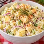 Bowl of classic potato salad topped with fresh dill and a sprinkle of paprika