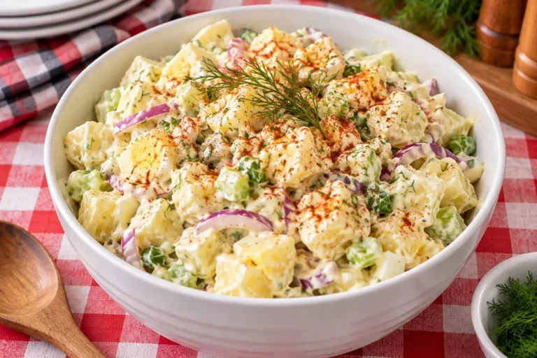 Bowl of classic potato salad topped with fresh dill and a sprinkle of paprika