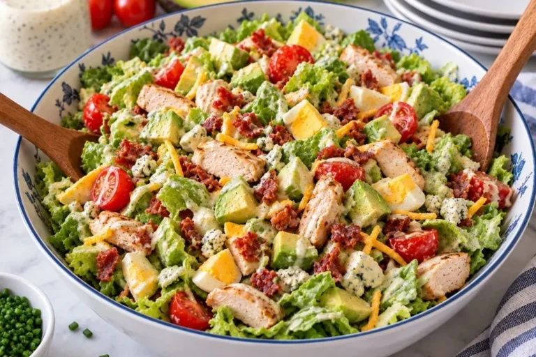 Bowl of cobb salad tossed with chicken, bacon, eggs, tomatoes, avocado and blue cheese in a creamy dressing