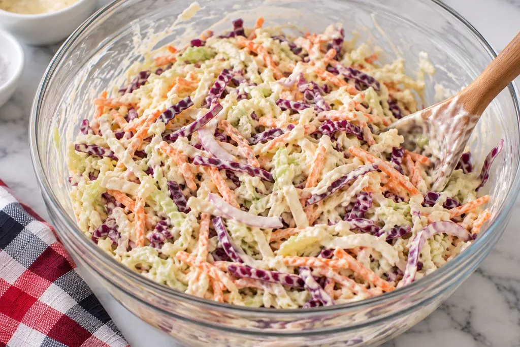 Bowl of creamy coleslaw mixed with dressing, ready to be covered and chilled in the refrigerator