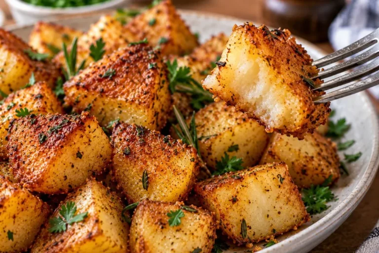 A fork lifting a crispy roasted country potato showing its tender interior